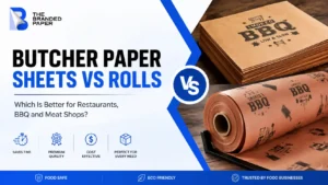 Butcher paper sheets vs rolls comparison banner for restaurants, BBQ, and meat shop food packaging