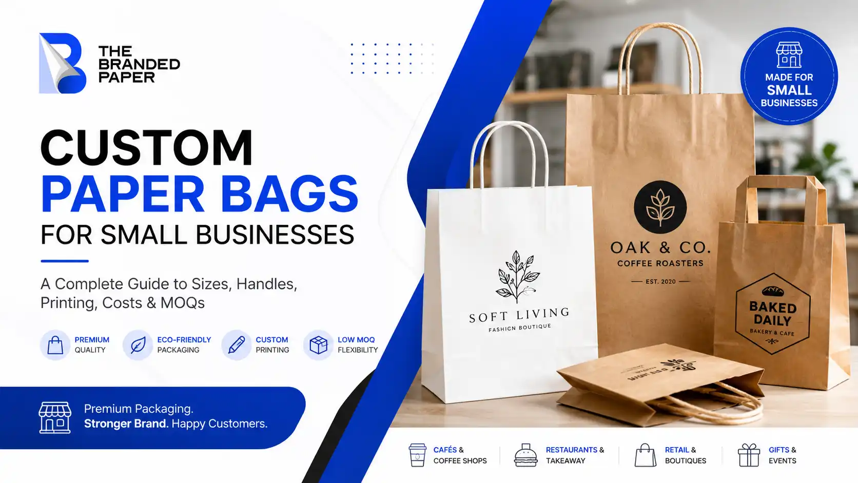 Custom paper bags for small businesses with kraft and white branded packaging options