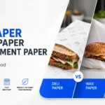 Deli paper vs wax paper vs parchment paper comparison banner with food wrapping examples and bakery scene.