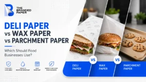 Deli paper vs wax paper vs parchment paper comparison banner with food wrapping examples and bakery scene.