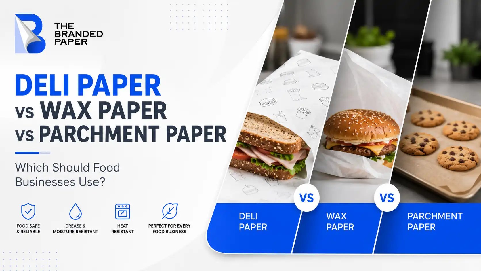 Deli paper vs wax paper vs parchment paper comparison banner with food wrapping examples and bakery scene.