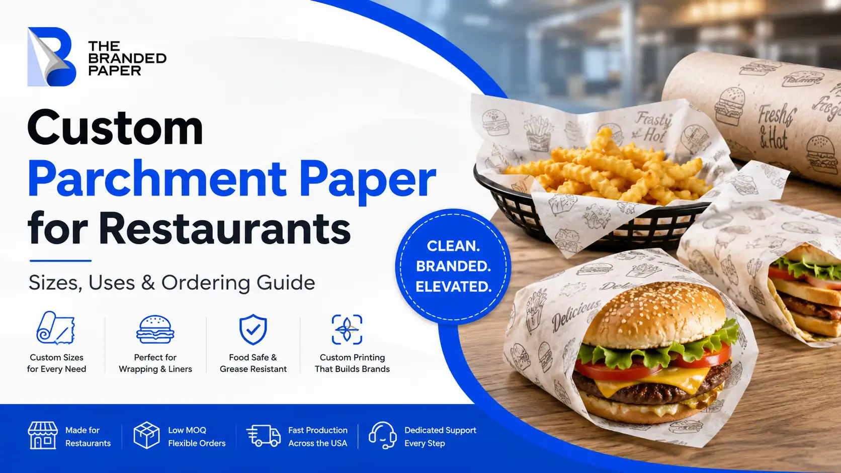 Custom parchment paper for restaurants used for branded burger and sandwich food packaging