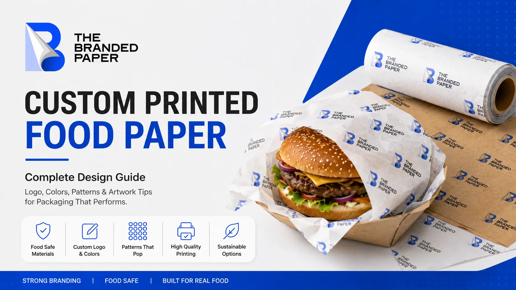 Custom printed food paper with branded logo, colors, patterns, and professional artwork