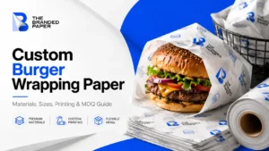 Custom burger wrapping paper banner with branded burger wrap, paper sheets, roll, and premium blue design.