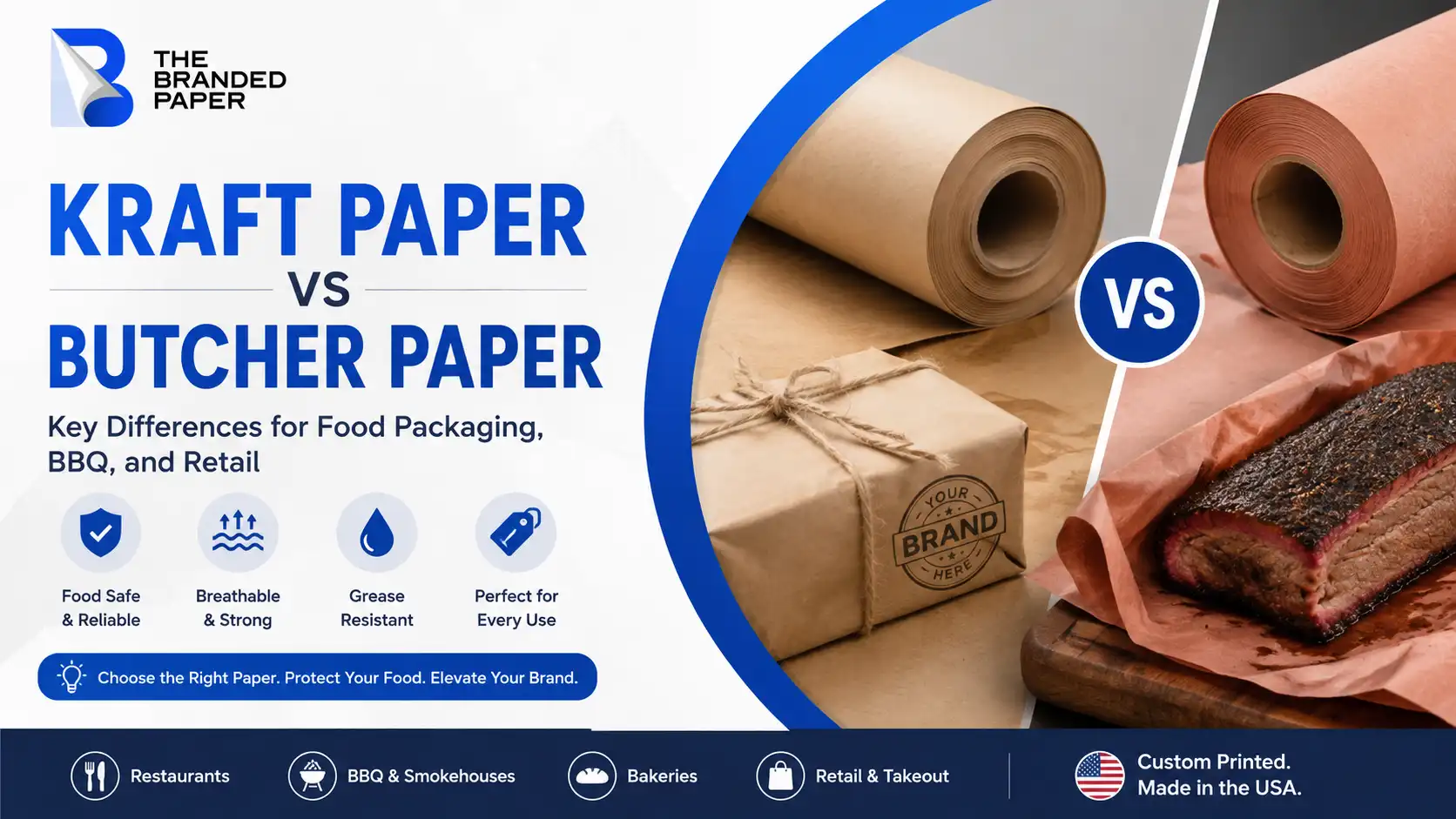 Kraft paper vs butcher paper comparison for food packaging, BBQ smoking, restaurants, and retail wrapping